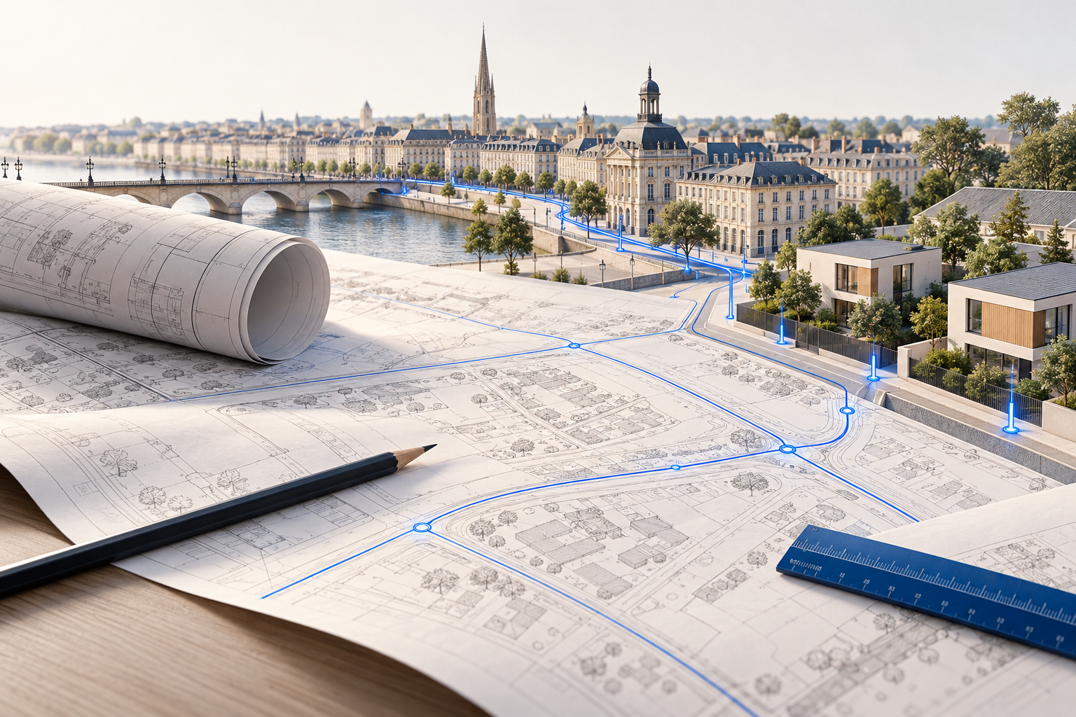 Illustration de plans d’étude télécoms et de bâtiments reliés par des tracés bleus, évocation des projets en Gironde